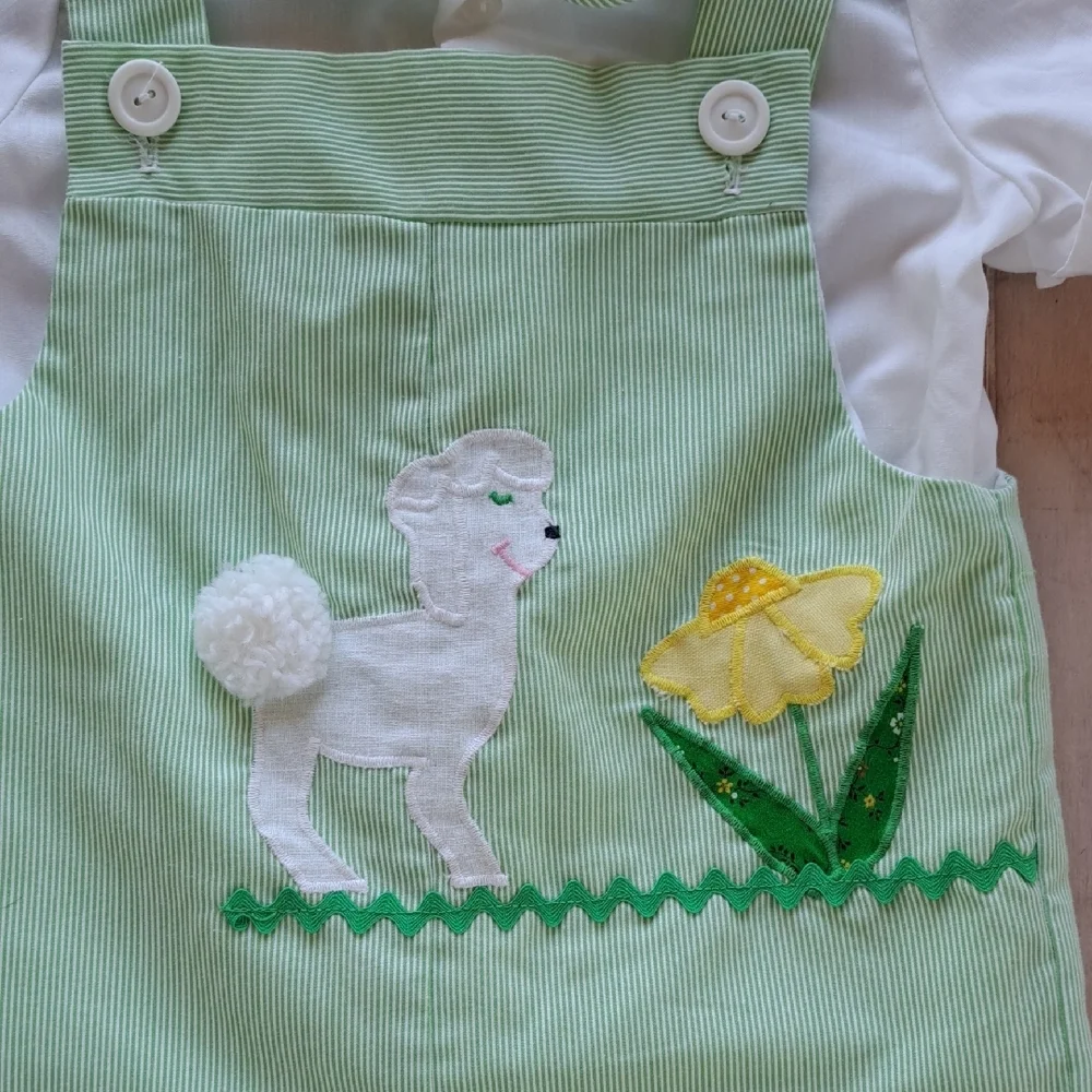 The Pond Vintage Green Pinstripes  Romper Patchwork Lamb 2 Piece Lightweight